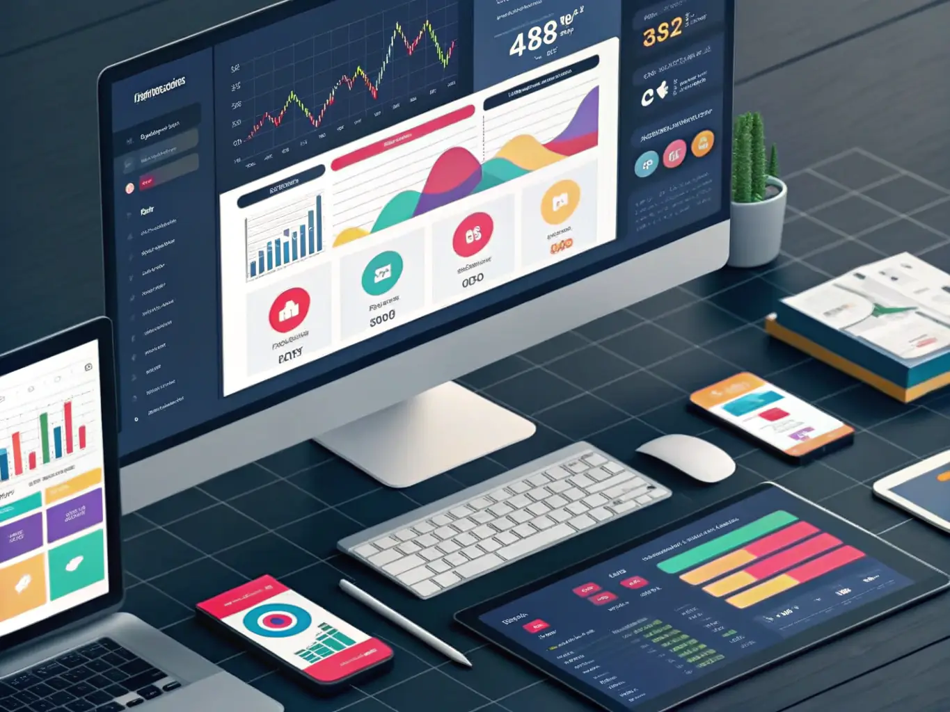 An image illustrating a website with integrated social media icons and SEO analytics dashboard. The design highlights the Premium Website Package's focus on online visibility.