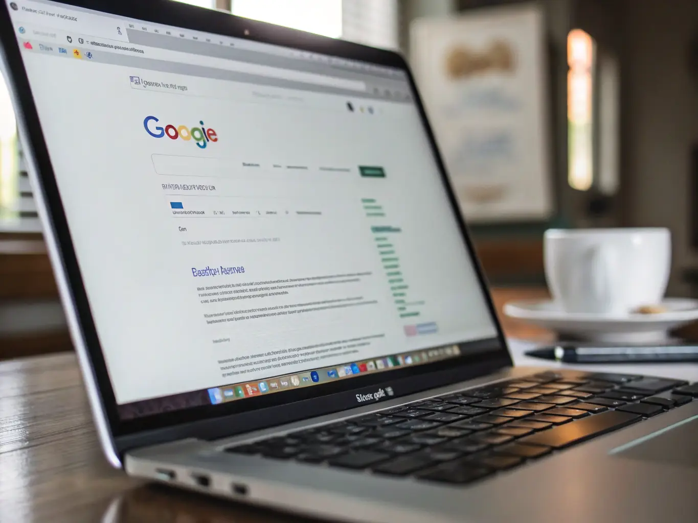 A laptop displaying search engine results with Webscend's client website ranking at the top, illustrating the effectiveness of their SEO strategies.