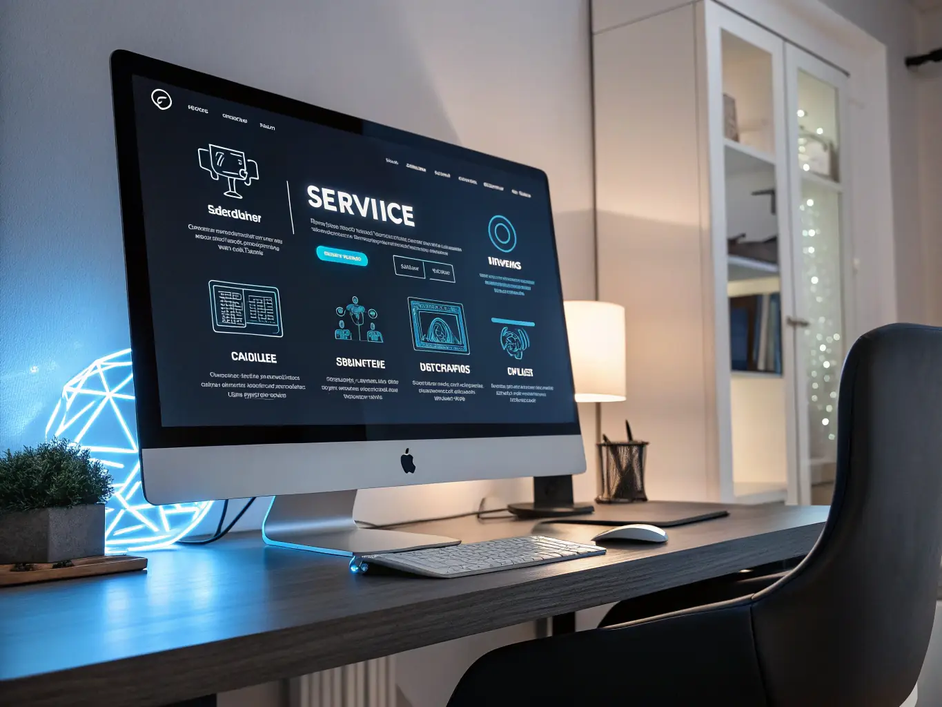 An image representing the Webscend Enterprise plan, showcasing a fully customized website interface with dedicated support, custom integrations, and advanced features like domain purchasing and financial dashboards.