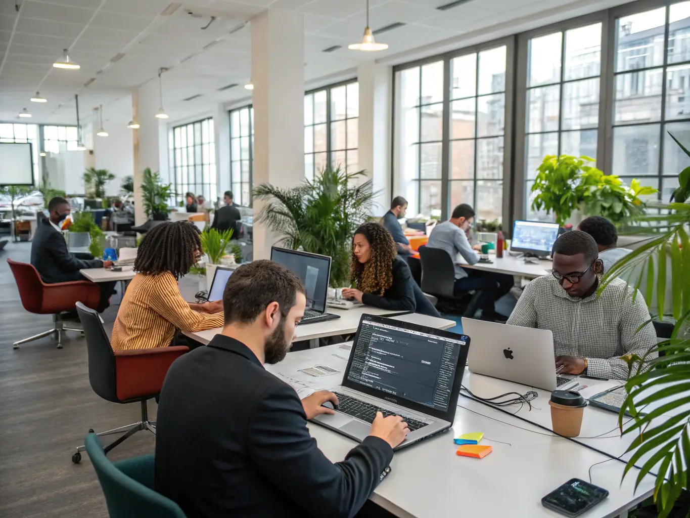 A sleek, modern image depicting a traditional web agency setup with cluttered desks, tangled wires, and stressed-looking employees working on outdated computers.