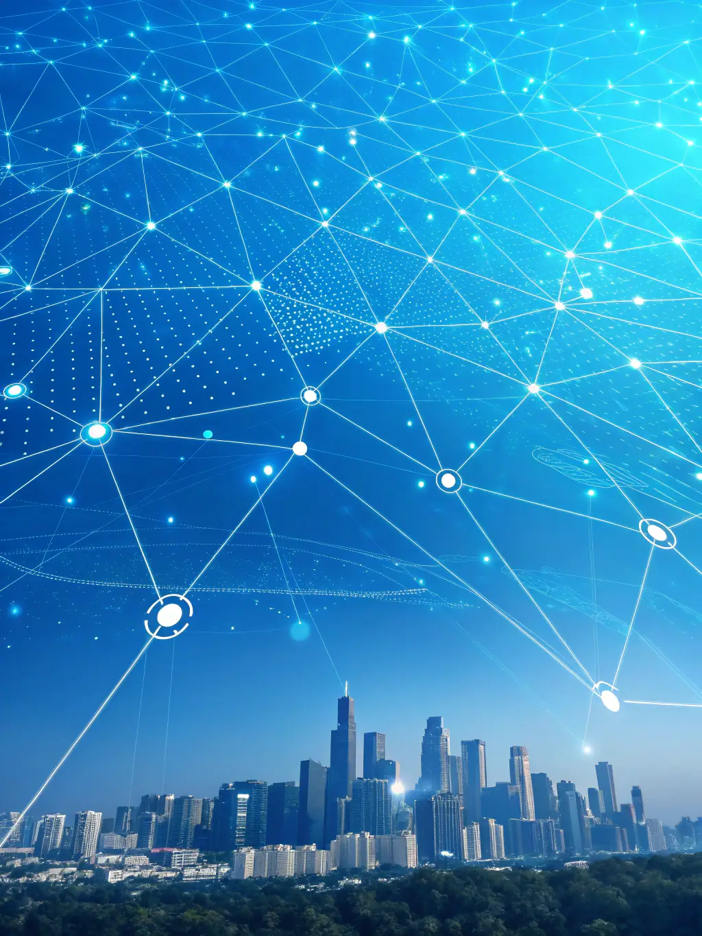 A futuristic, abstract image representing AI-powered website creation, with glowing lines and interconnected nodes.