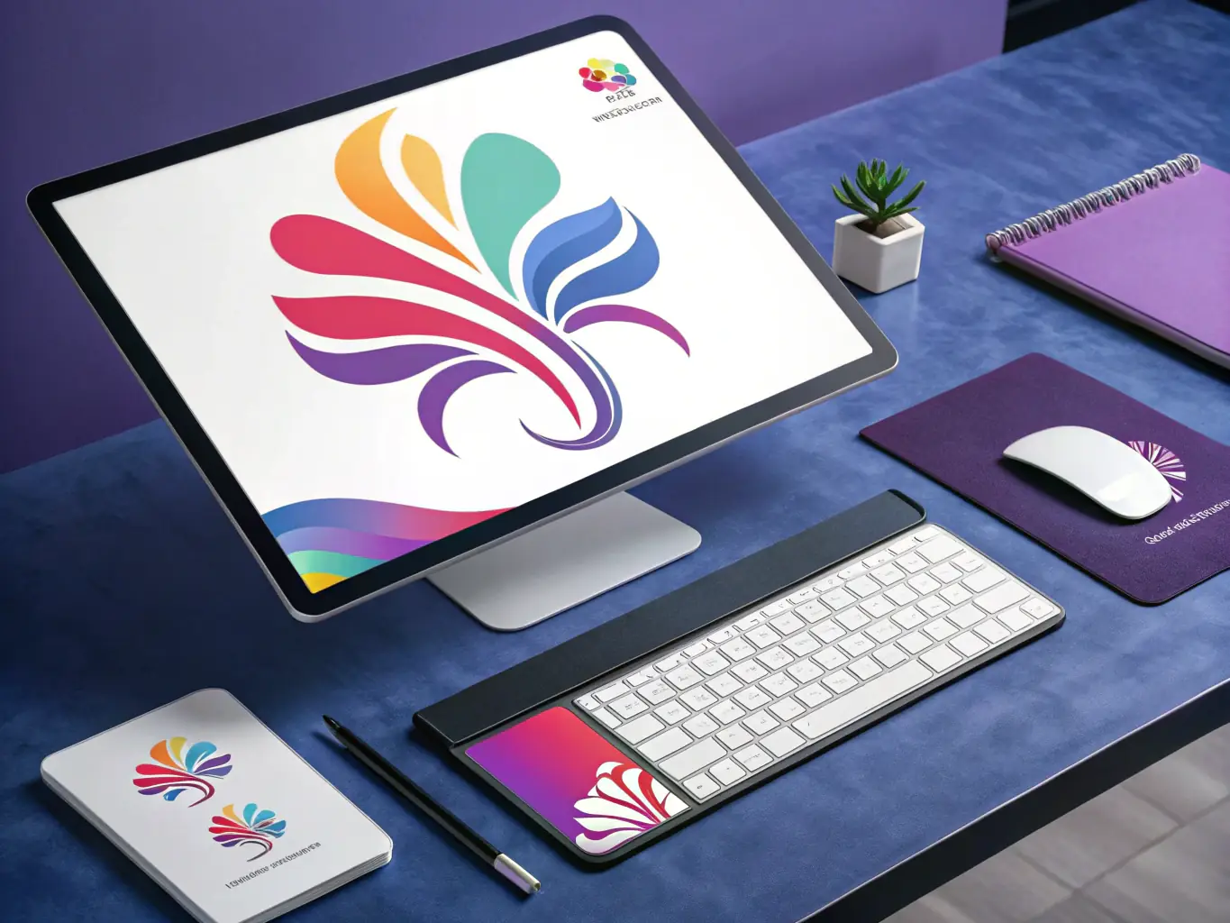 A collection of modern logo designs and branding elements displayed on a digital tablet, representing Webscend's Branding & Management service.