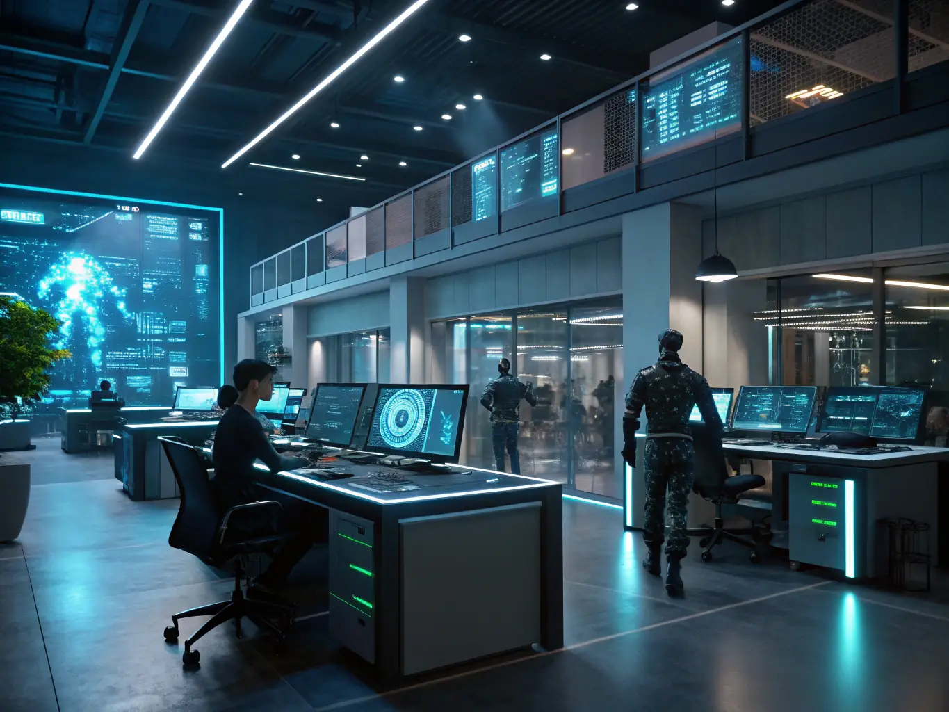 A futuristic, clean image showcasing Webscend's AI-powered platform with streamlined interfaces, automated processes, and happy clients collaborating on sleek devices.