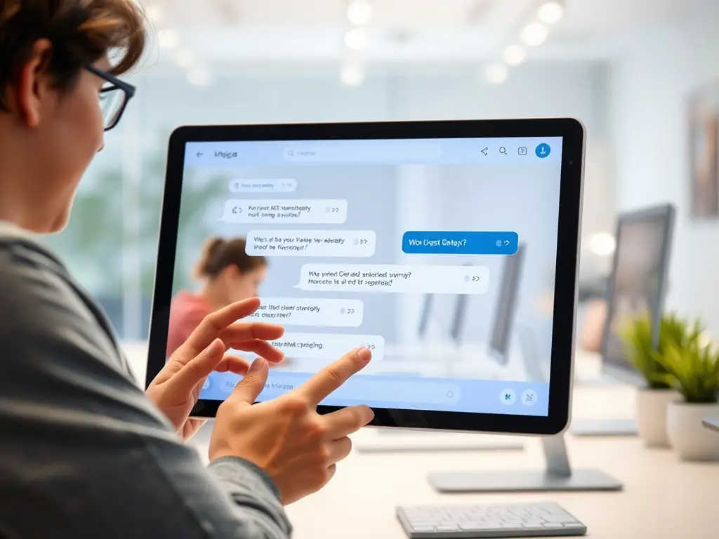 An animated chatbot interface interacting with a user on a sleek, futuristic screen, representing Webscend's Chatbot Development service.